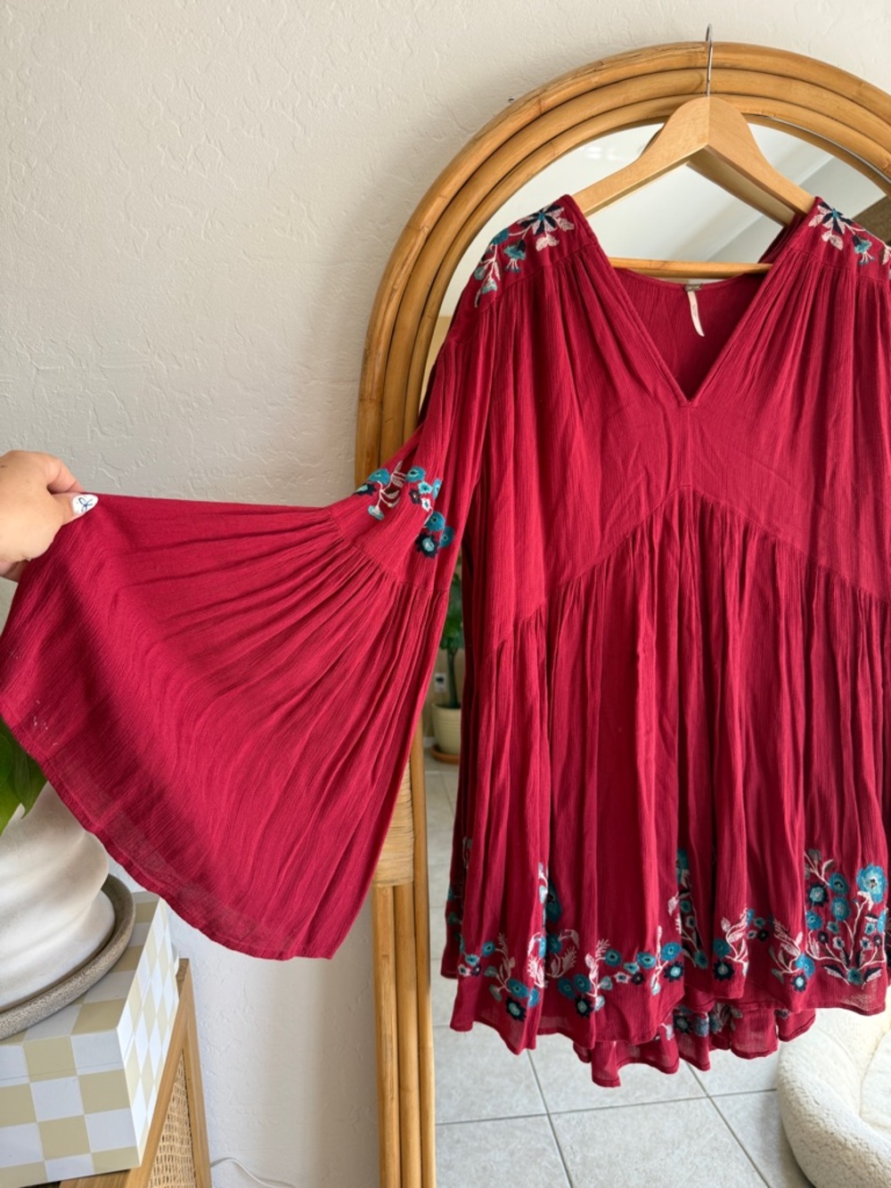 Red Free People Tunic Dress with flower Embroidery